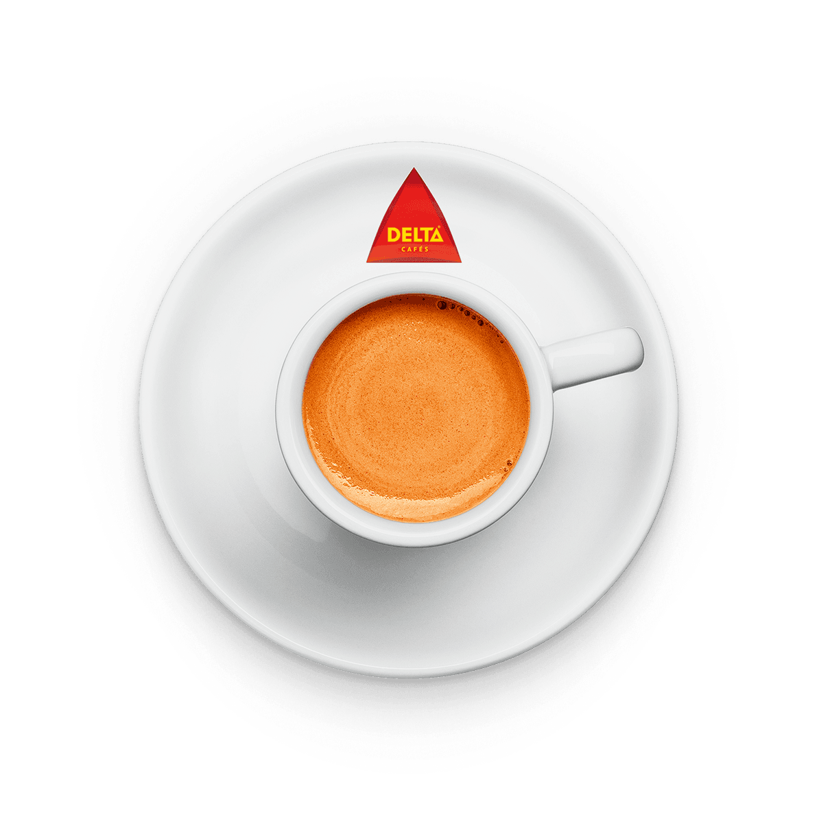 Chávena de café expresso vista de cima, em pires branco com logótipo triangular Delta Cafés